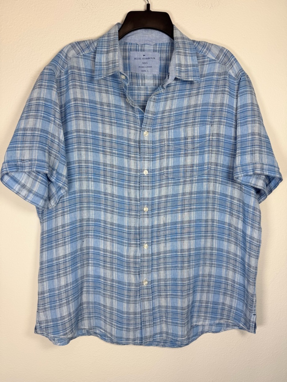 Mark & Spencer Blue Harbour Pure Blue Linen Plaid Button Up Shirt Men's Large